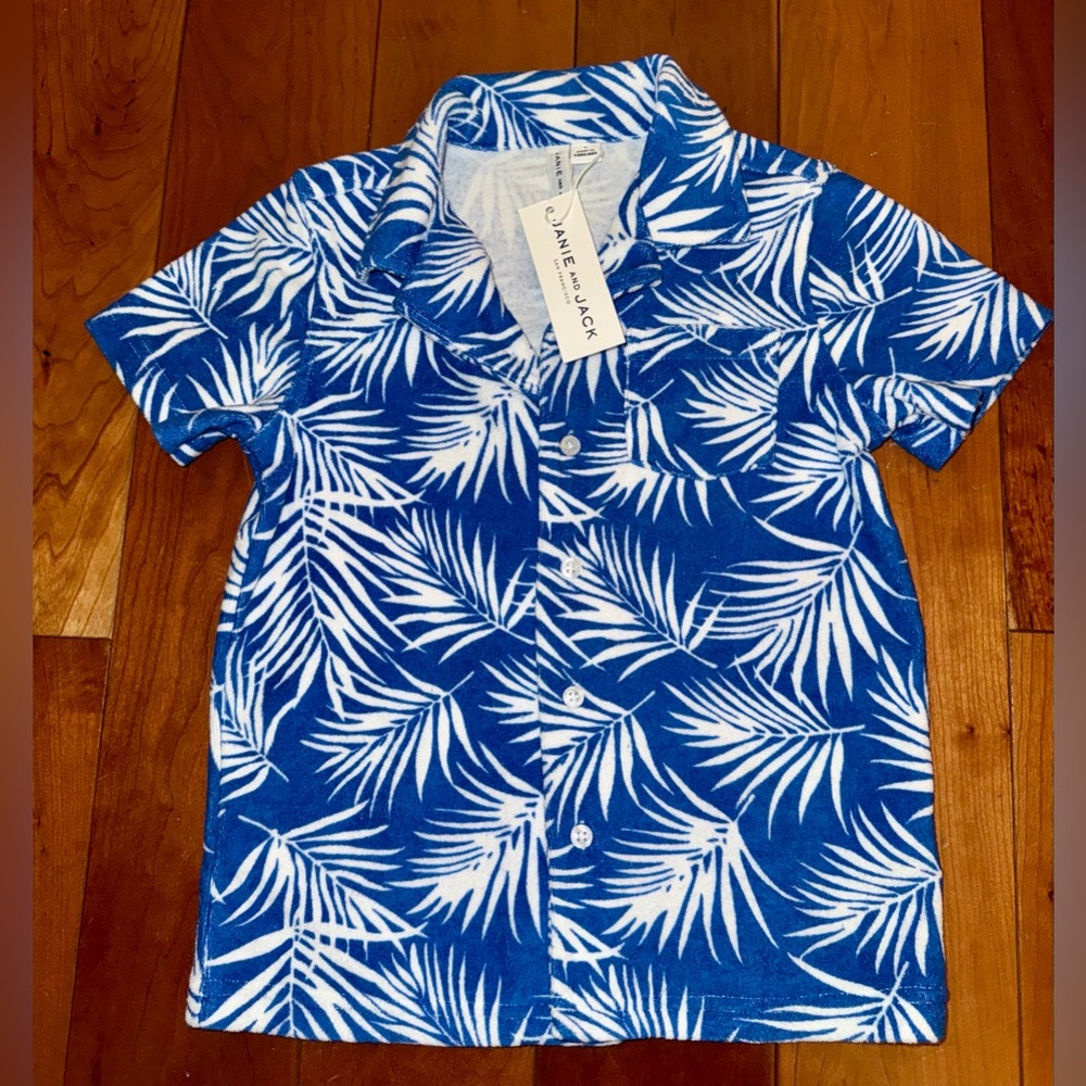 NWT Janie and Jack Blue Tropical Print Short Sleeve Button Down Shirt